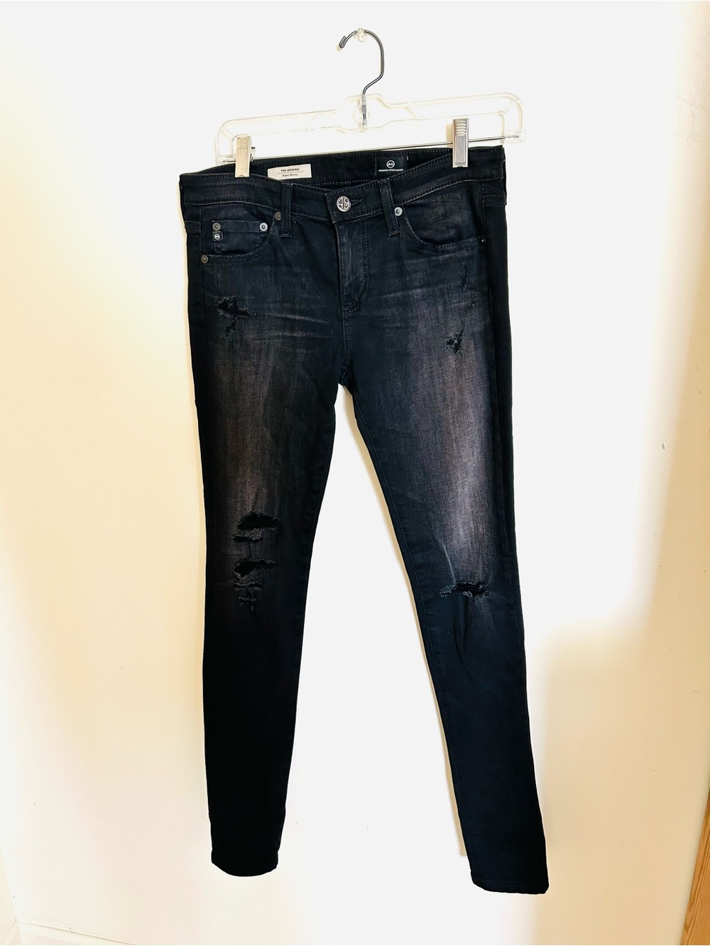 Ag Adriano Goldschmied Washed Black Skinny Jeans with Distressed Knees